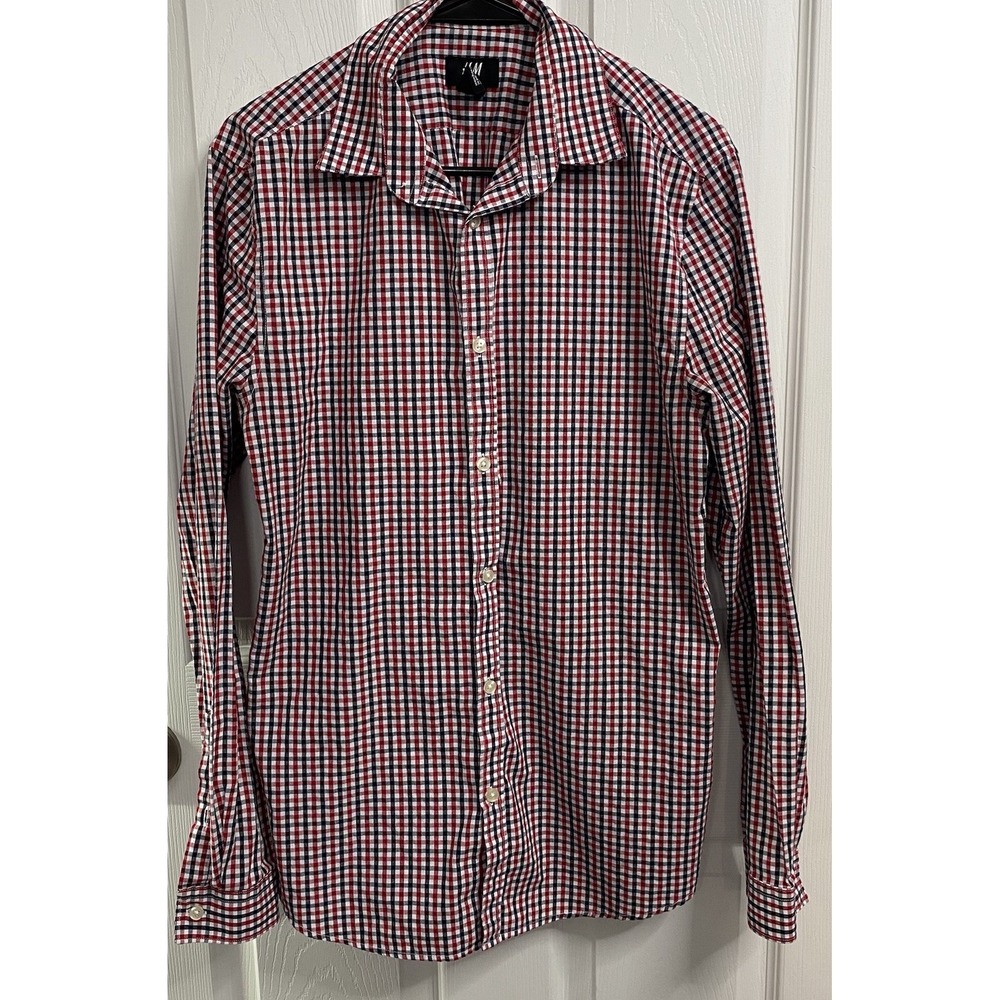 Men's H&M Long Sleeve Button Up Casual Dress Shirt Red/White/Blue Sz. M SLIM